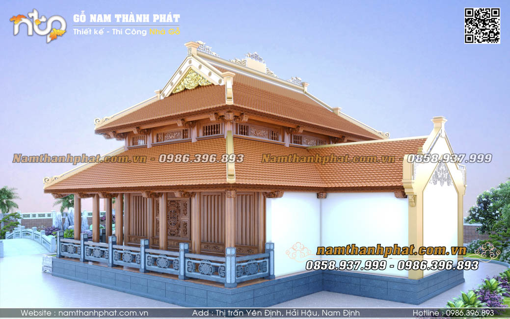 Thiết kế nhà gỗ 3 gian 2 chái có hậu cung